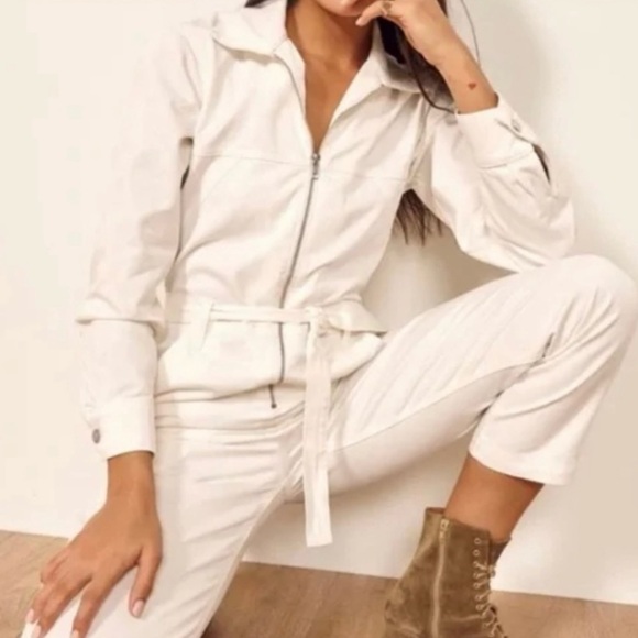 Reformation Ricky Boiler‎ Vintage White Jumpsuit Denim Belt Retro Coquette - Picture 1 of 9